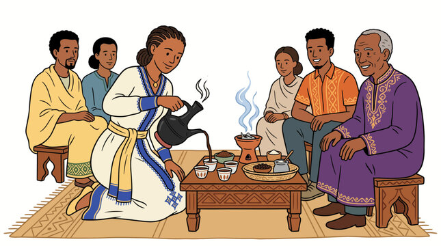 Ethiopian woman in traditional Habesha dress pouring coffee from jebena for visiting business directors at a ceremony, concept for global networking, cultural exchange and travel hospitality