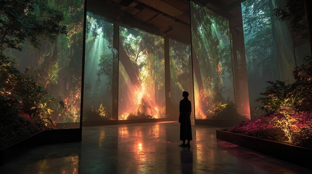 Immersive Digital Art Installation Featuring a Silhouette Person Observing a Breathtaking Projected Forest Landscape Exhibition