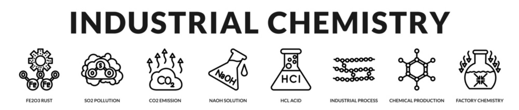 A specialized banner focusing on industrial chemical processes and large-scale production systems in Lineal Icon Style