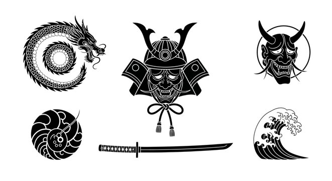 Japanese cultural icons black and white stencil art