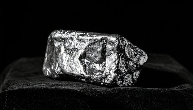 A hand poured solid silver bar with irregular surface textures, presented on a dark, textured surface