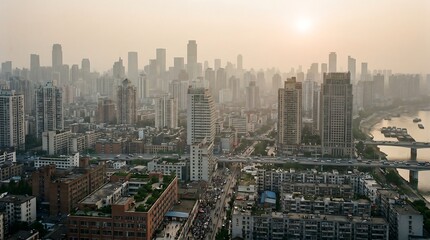 Fototapeta premium Panoramic Aerial View of a Bustling Cityscape at Dusk with Skyscrapers and River.