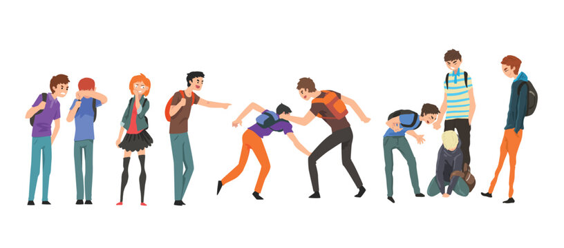 People arguing and fighting set. Aggressive teenagers mocking at classmate. Aggressive Teenagers Bullying Classmates Set, Teenage Aggression and Violence Cartoon, vector illustration.