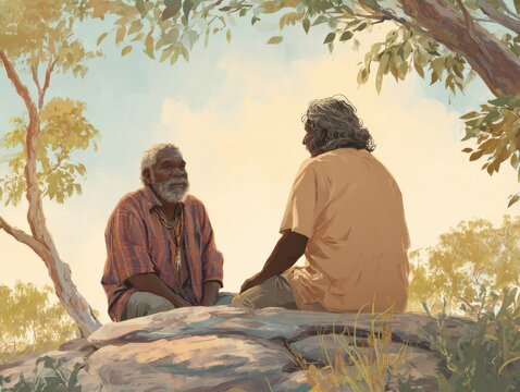 Indigenous healer and middle-aged man in outdoor healing ceremony, sharing wisdom