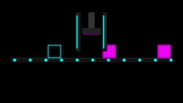 Abstract 2D Animation of Neon Squares on an Assembly Line Conveyor Belt