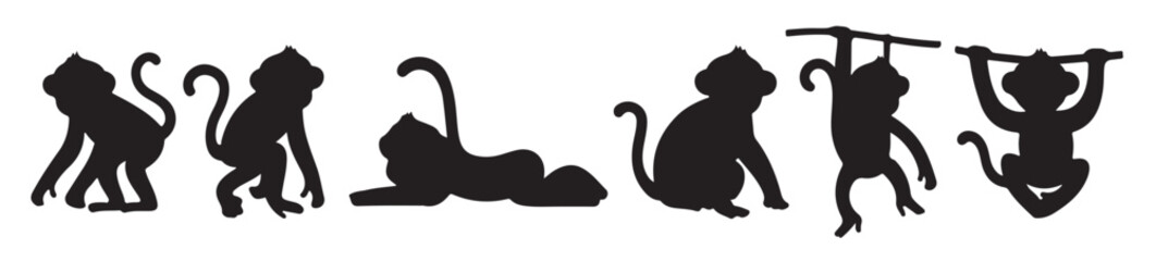 Monkey silhouette collection, Sitting monkey silhouette, , Monkey clipart. Black monkey silhouettes in various dynamic poses, including climbing, walking, and crouching, isolated, vector illustration. © Meher