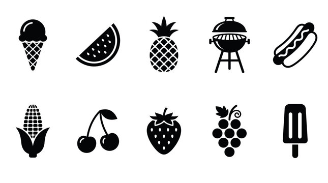 Black flat icons set of summer food and barbecue items including ice cream fruits hotdog and grill on white, concept for restaurant menu design, picnic promotion and outdoor party advertising