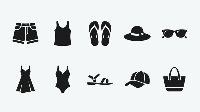 Minimalist black vector icons of summer fashion items and beach accessories on a plain background, concept for travel packing lists, e-commerce web design and vacation planning app icons