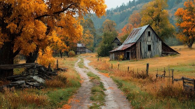 Digital Painting Rustic Landscape Art of Old Wooden Barns along a Winding Dirt Path with Golden Autumn Foliage in Serene Countryside Scenery