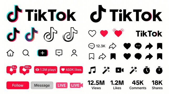 TikTok icons set, social media logo collection, video app interface elements, like heart, comment, share, bookmark, notification badge, live stream buttons, message, views, metrics, vector design.