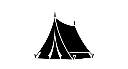 A minimalist black tent icon on a white background, representing camping and outdoor adventure. © abba