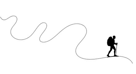 A minimalist vector graphic of a hiker following a winding dotted path © abba