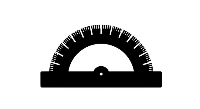 A black and white illustration of a protractor with a flat, minimal design