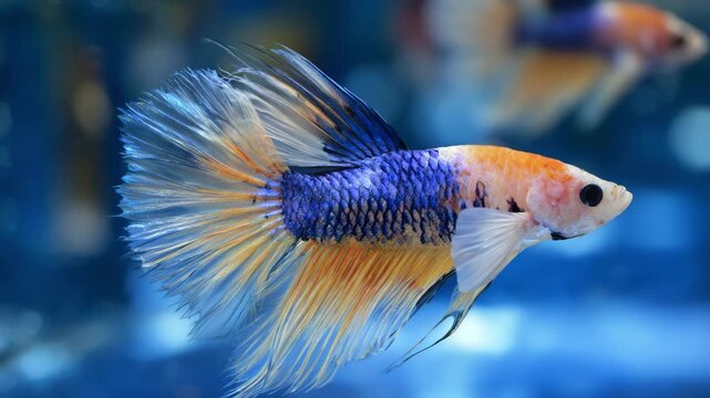 A multicolored betta fish swims in a tank.