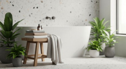 Fototapeta premium Clean modern bathroom interior with blurred background, providing ample copy space, an ideal sample for advertising, perfect for a hero banner