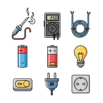 Collection of electrical components and tools for repair and construction.