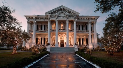 Obraz premium Grand Neoclassical Mansion Architecture Building Facade Elegantly Decorated with Christmas Holiday Festive Lights at Dusk