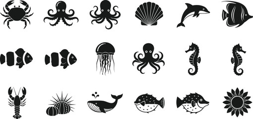 Fototapeta premium Black silhouette sea creature icons representing marine life, ocean animals, underwater biodiversity, aquatic nature, and educational design concepts