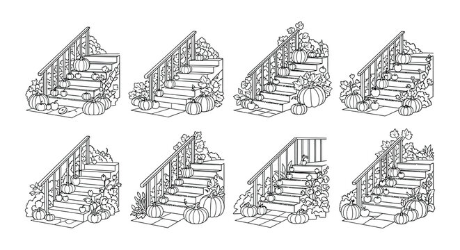 Autumnal staircase decorations featuring pumpkins and foliage repeated patterns
