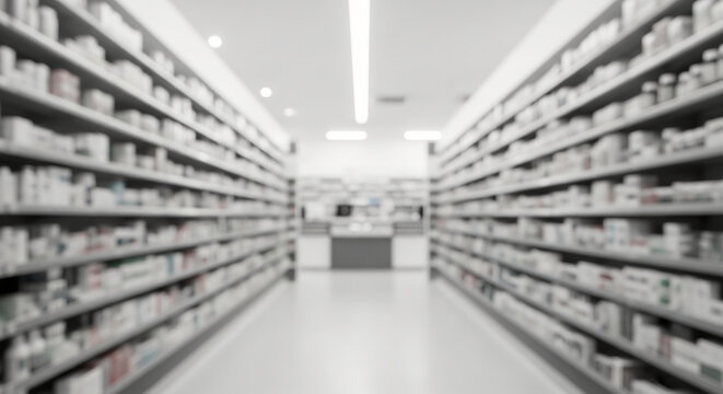 Blurred pharmacy aisle as a versatile background for advertising, offering ample copy space. Ideal sample for a hero banner or promotional content