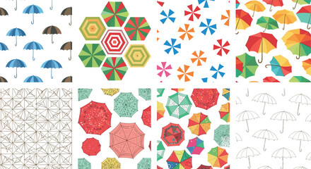 Colorful umbrella seamless pattern collection with geometric shapes, floral motifs, hexagon designs and modern abstract summer backgrounds set © Rubya