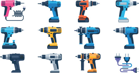 Cordless electric drill vector set with power tools collection featuring modern handheld drilling machines flat workshop equipment icons © Rubya