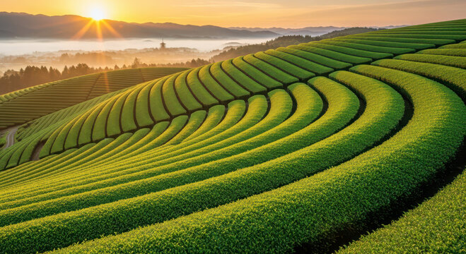 Tea plantation rows on hillside at sunrise, Greenery Day Japan, Midori no Hi, Japanese forest background