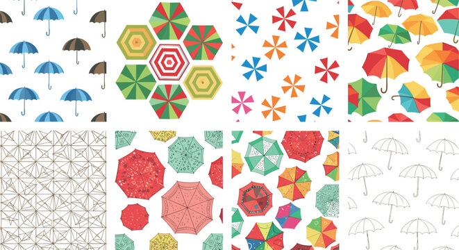 Colorful umbrella seamless pattern collection with geometric shapes, floral motifs, hexagon designs and modern abstract summer backgrounds set