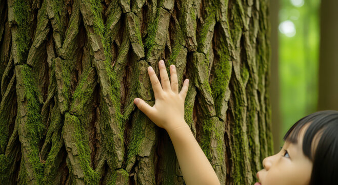 Child touching mossy tree trunk in forest with green, Ancient cedar tree Japan, Greenery Day Japan, Midori no Hi background