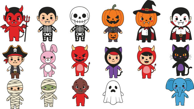 Large set of cute children characters in Halloween costumes including devil vampire skeleton pumpkin pirate ghost mummy cat and elephant for spooky holiday stickers.