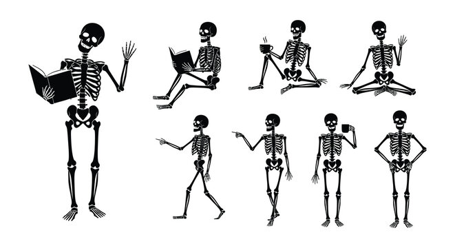 A collection of black and white cartoon skeletons in various poses