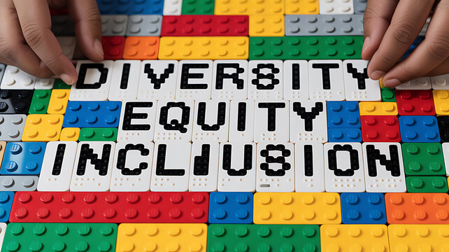 Hands arranging LEGO bricks with diversity equity inclusion text symbolizing creativity, art, and imagination