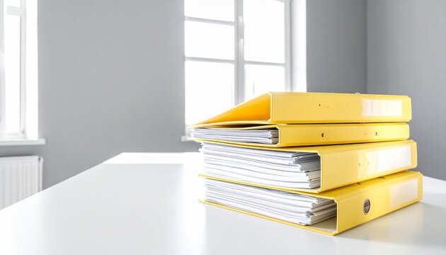 A stack of yellow folders with papers, symbolizing organization, documentation, and office record keeping.