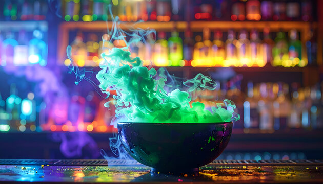 Mysterious Green Potion Bubbling with Smoke in a Dark Bar Setting.