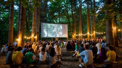 Obraz premium Audience enjoying outdoor cinema in summer forest