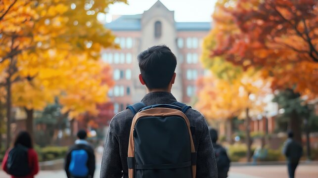 Young person with backpack walking on a college campus, heading towards a prominent educational building. Foliage showing autumn colors