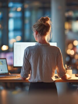 Transgender professional organizing digital workflow at standing desk in modern open-plan office