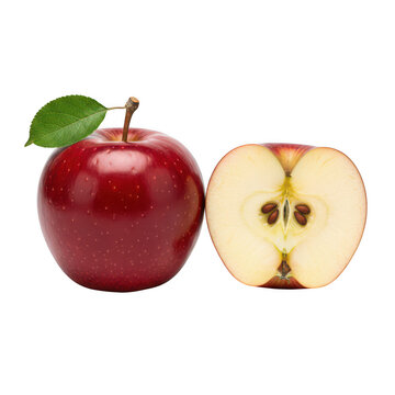 Whole red apple with leaf and sliced half isolated on a transparent background