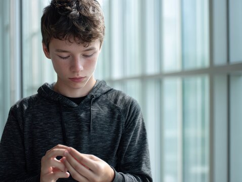 Teen with Autism Engaged in Stimming with Fidget Toy in Calm Library Setting