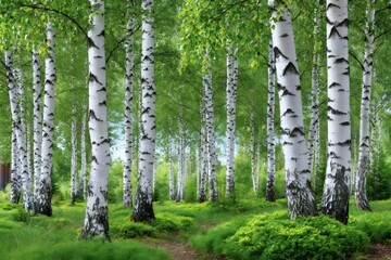 Obraz premium Birch forest trees with green leaves in summer woodland