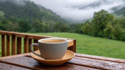 Obraz premium Steaming coffee cup on wet wooden table with misty mountains