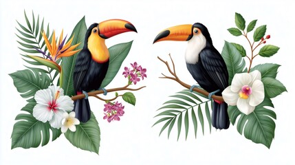 Obraz premium Toucans perched on branches with exotic tropical leaves and flowers