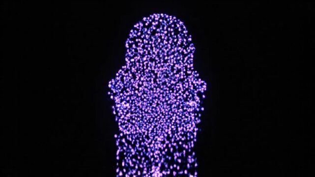 Data degradation and cognitive duality depicted by glowing purple particles forming a two-faced human head that collapses