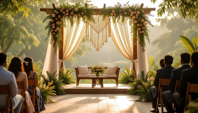 Bangladesh wedding stage decoration with boho macrame and greenery