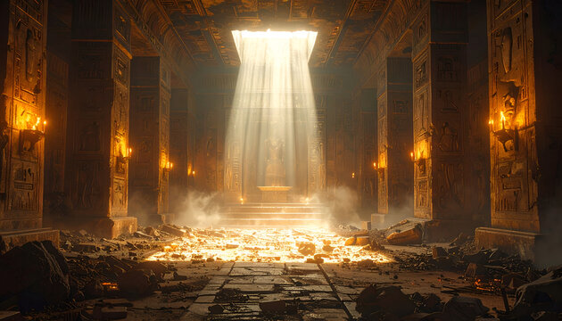 Ancient Temple Interior with Dramatic Light Beam.