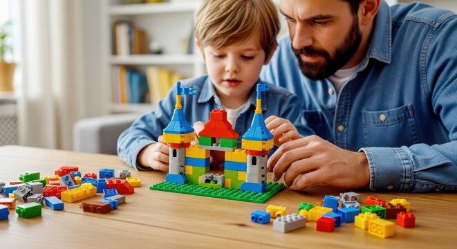 Fathers Day family bonding moment with children playing with colorful lego bricks creating a castle together on a wooden table