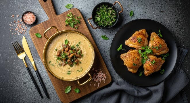 Gourmet roasted chicken thighs served with creamy mushroom sauce