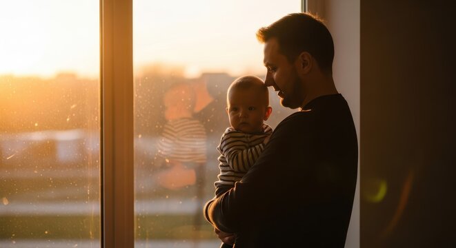 fathers day father holding baby in warm sunset light by window