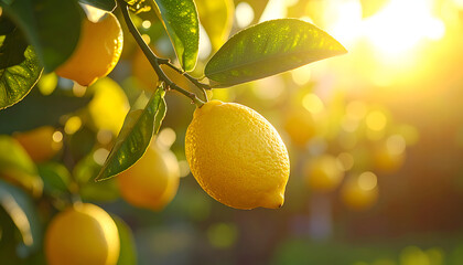 Sun-Kissed Lemons Ripening on a Tree Branch in Golden Hour Light.
