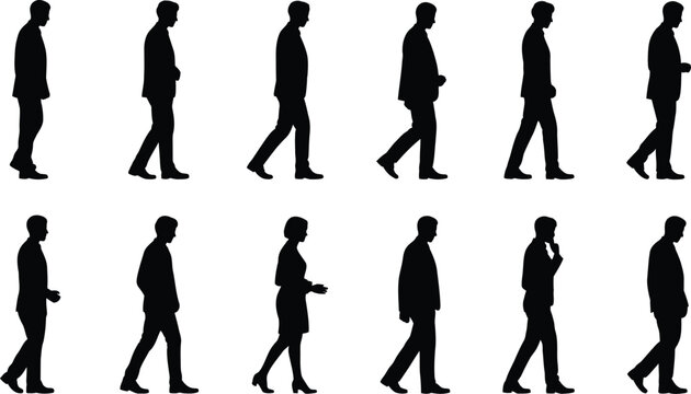Collection of walking business people silhouettes in various poses on white background for presentations and infographics